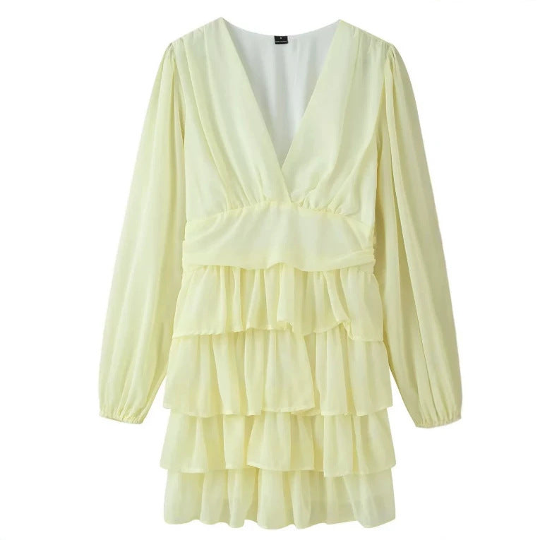 Damen volantiges Chiffon-Minikleid mit tiefem V‑Ausschnitt Drune