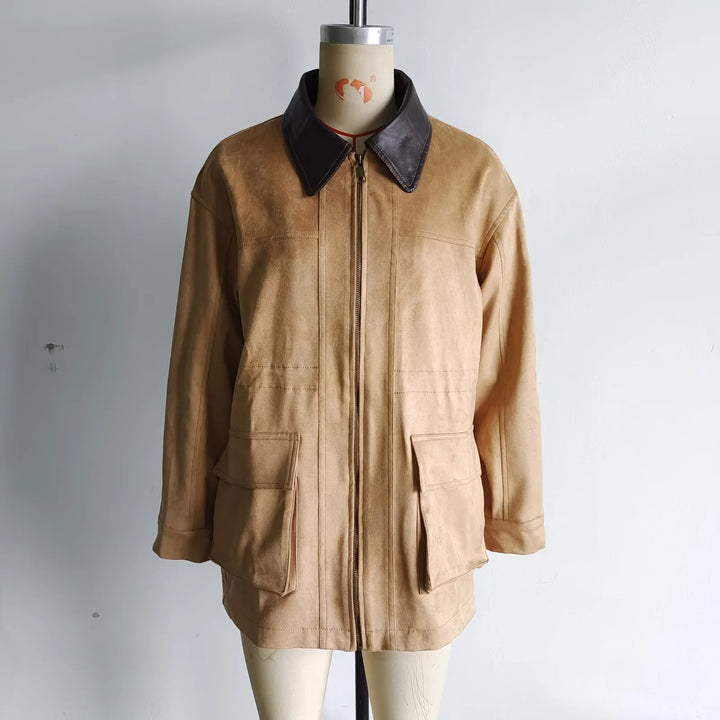 Damen nan oversized Fieldjacke mit kontrastierendem Lederkragen, verdecktem Reißverschluss und großen aufgesetzten Klappentaschen Drune