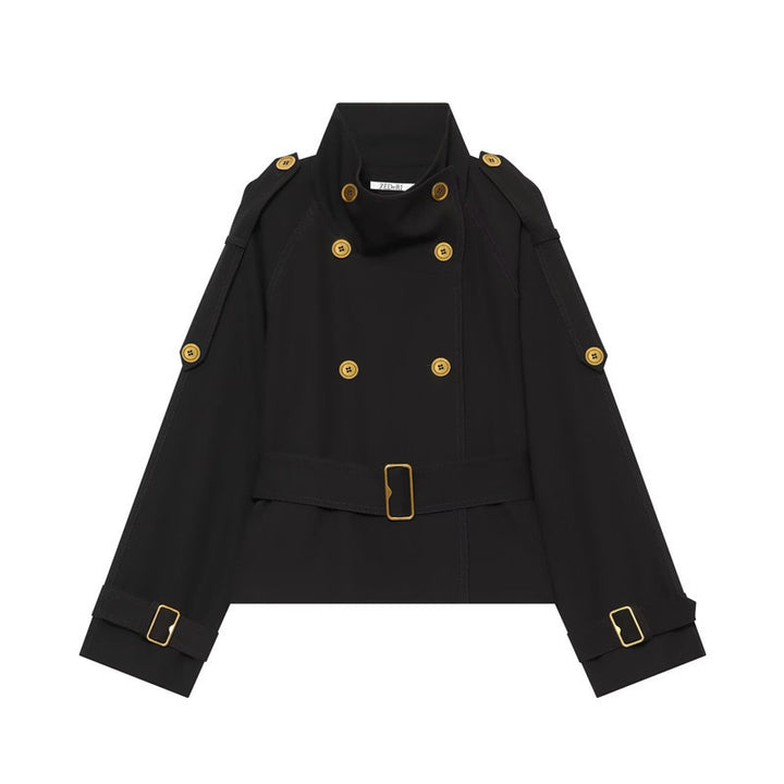 Damen Kurzer Doppelreiher-Trench mit Taillengürtel, Schulterklappen und goldfarbenen Details Drune