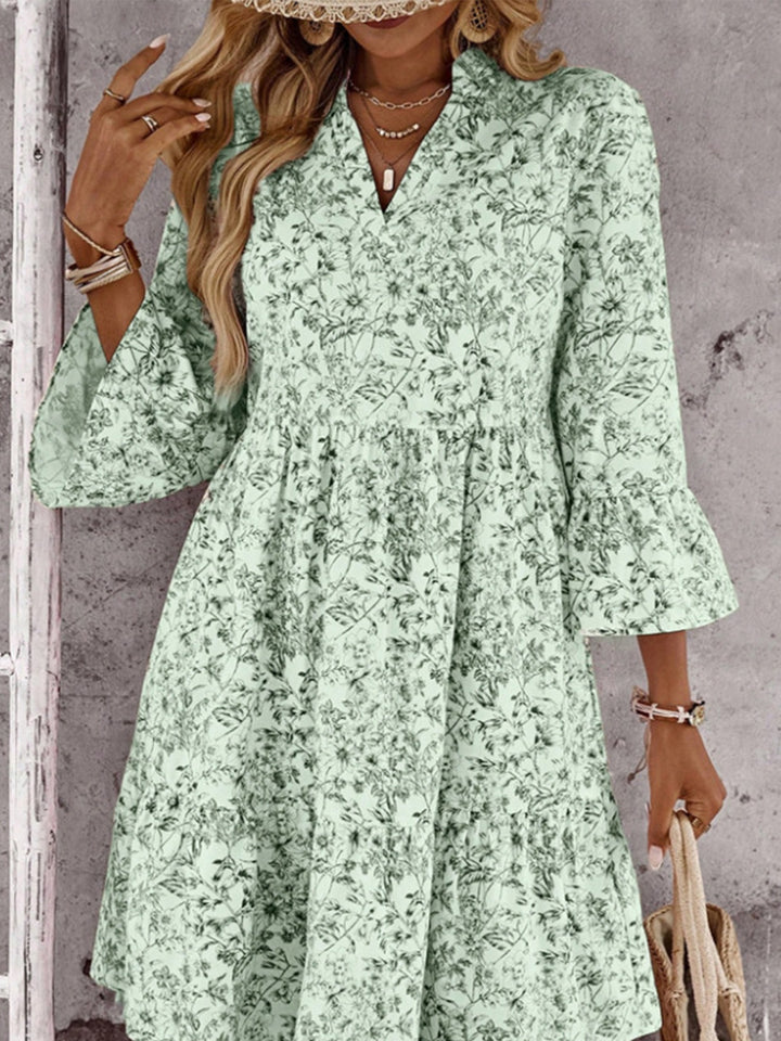 Damen Leichtes Viskose-Tunikakleid mit Blumenprint V-Ausschnitt und Volantärmeln Drune