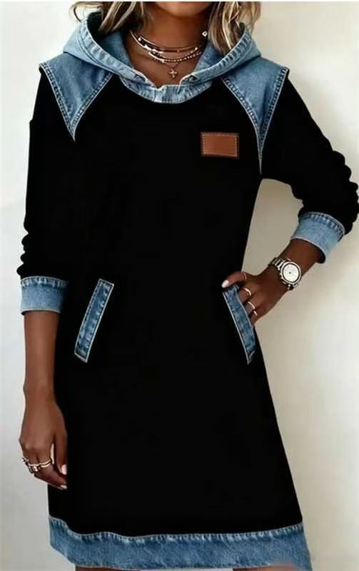 Damen nan Kapuzen-Sweatkleid mit Jeans-Applikationen, Kängurutaschen und lässigem Schnitt Drune