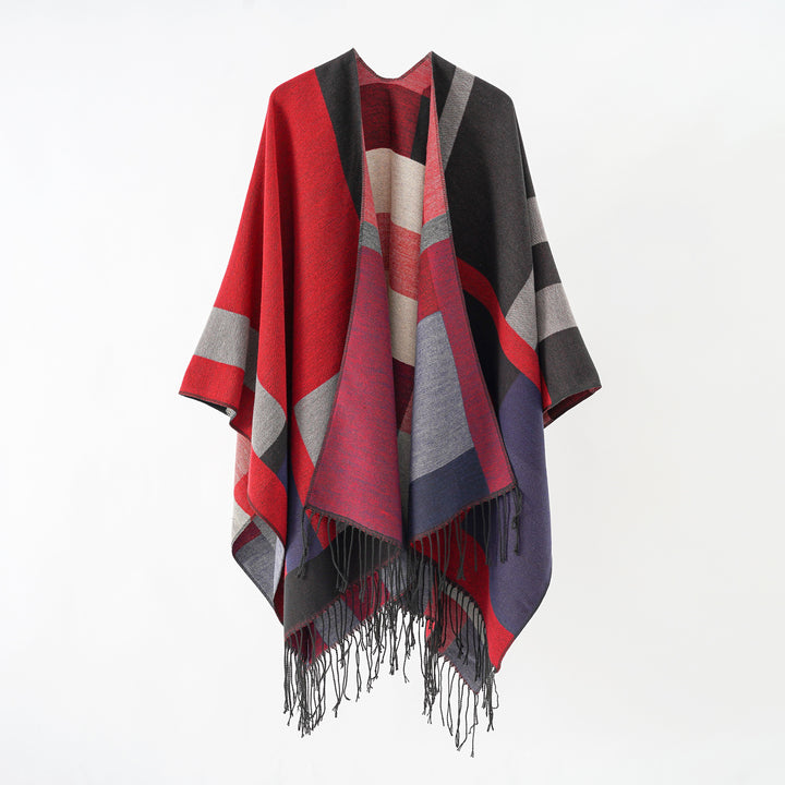 Damen Jacquard-Überwurfponcho im Cape-Schnitt mit feinem Fransensaum Drune