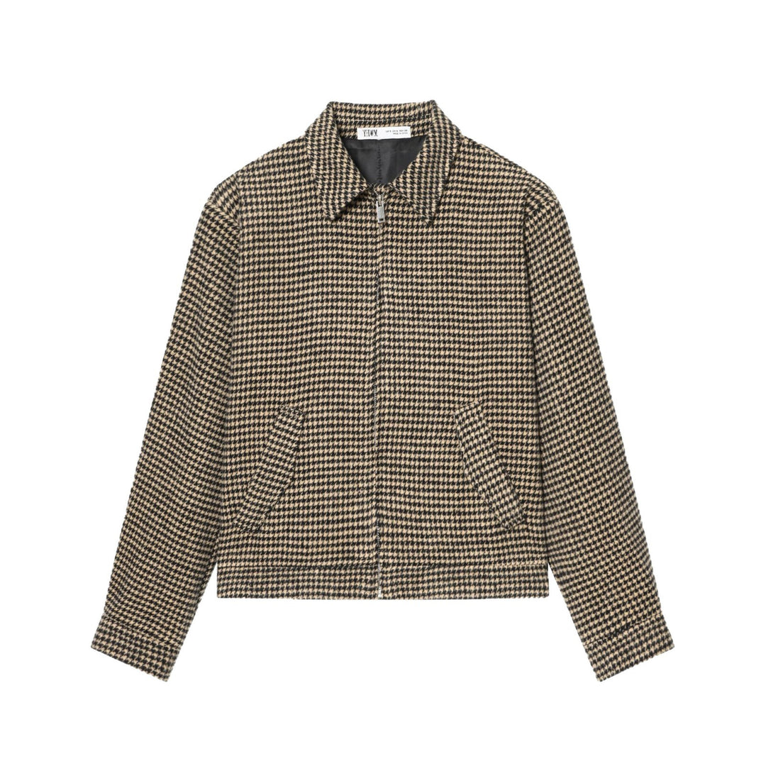 Damen Boxy-Kurzjacke aus Wollmix mit Hahnentrittmuster, Reißverschluss und Hemdkragen Drune