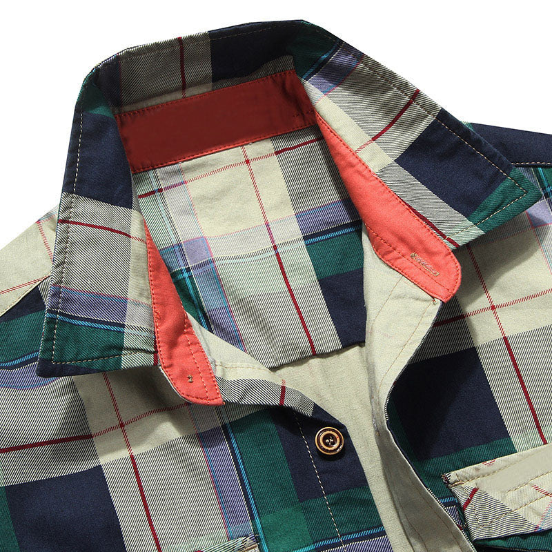 Herren Kariertes Baumwoll-Workshirt mit Brustpattentaschen und kontrastiertem Innenkragen Drune