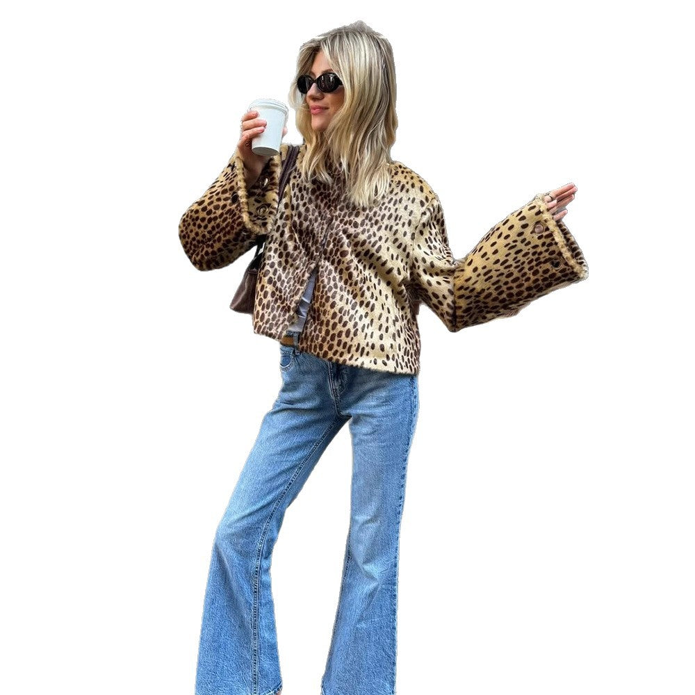 Damen Kurzblouson aus Kunstfell mit Leopardenmuster, Boxy‑Silhouette & weitem Ärmel Drune