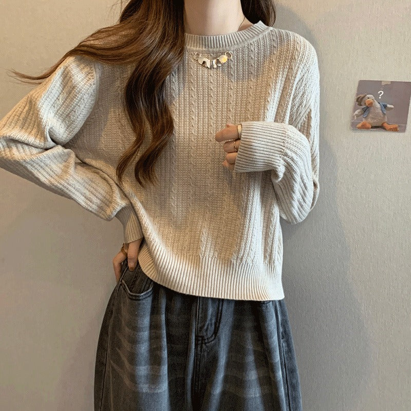 Damen lockerer Strickpullover mit feiner Rippstruktur und eleganter Kragenverzierung Drune