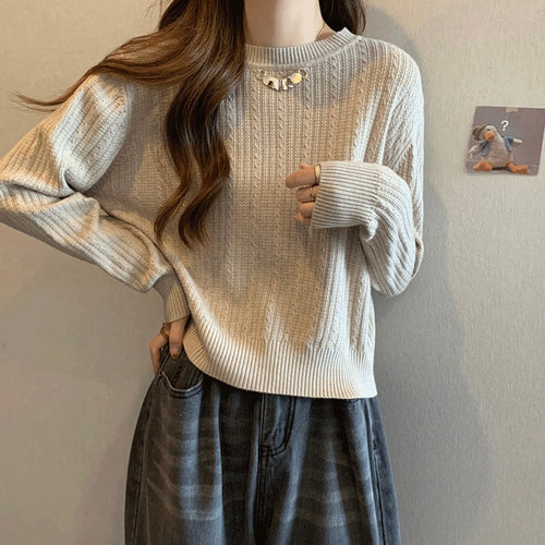 Damen lockerer Strickpullover mit feiner Rippstruktur und eleganter Kragenverzierung Drune