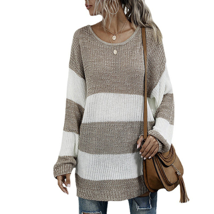 Damen Oversize Longpullover mit Blockstreifen und Rundhalsausschnitt Drune