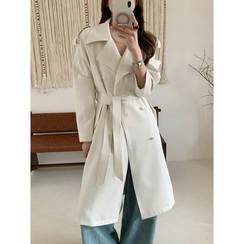 Damen Midilanger Trenchcoat mit Oversize-Schultern und Perlmuttknöpfen Drune