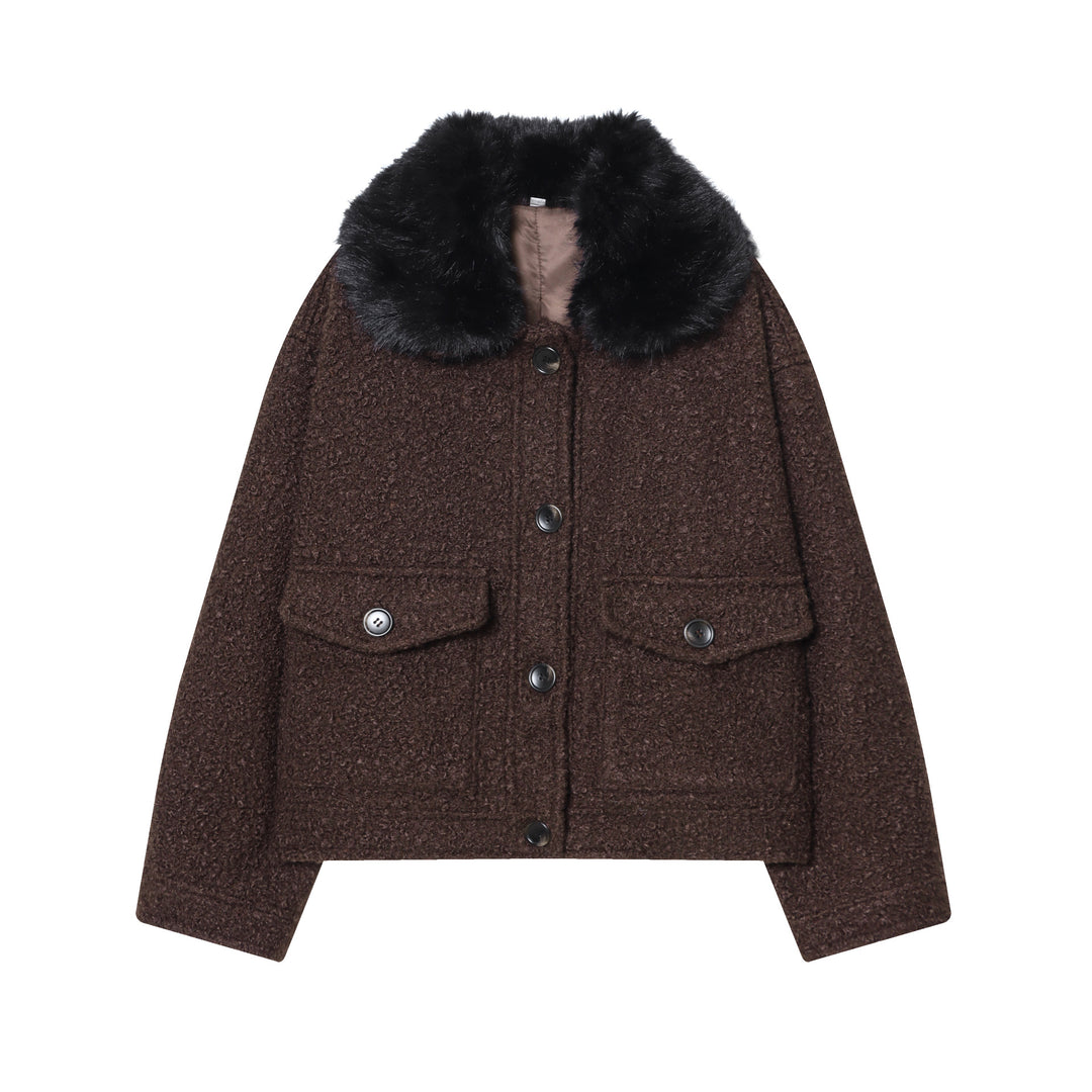 Damen nan cropped Bouclé‑Jacke mit abnehmbarem Kunstfellkragen, kastiger Silhouette und Pattentaschen Drune