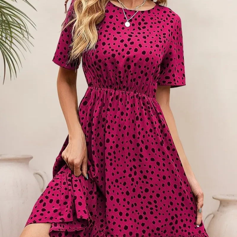 Damen Sommerliches A-Linien Kleid mit Rüschensaum und Punkten Drune