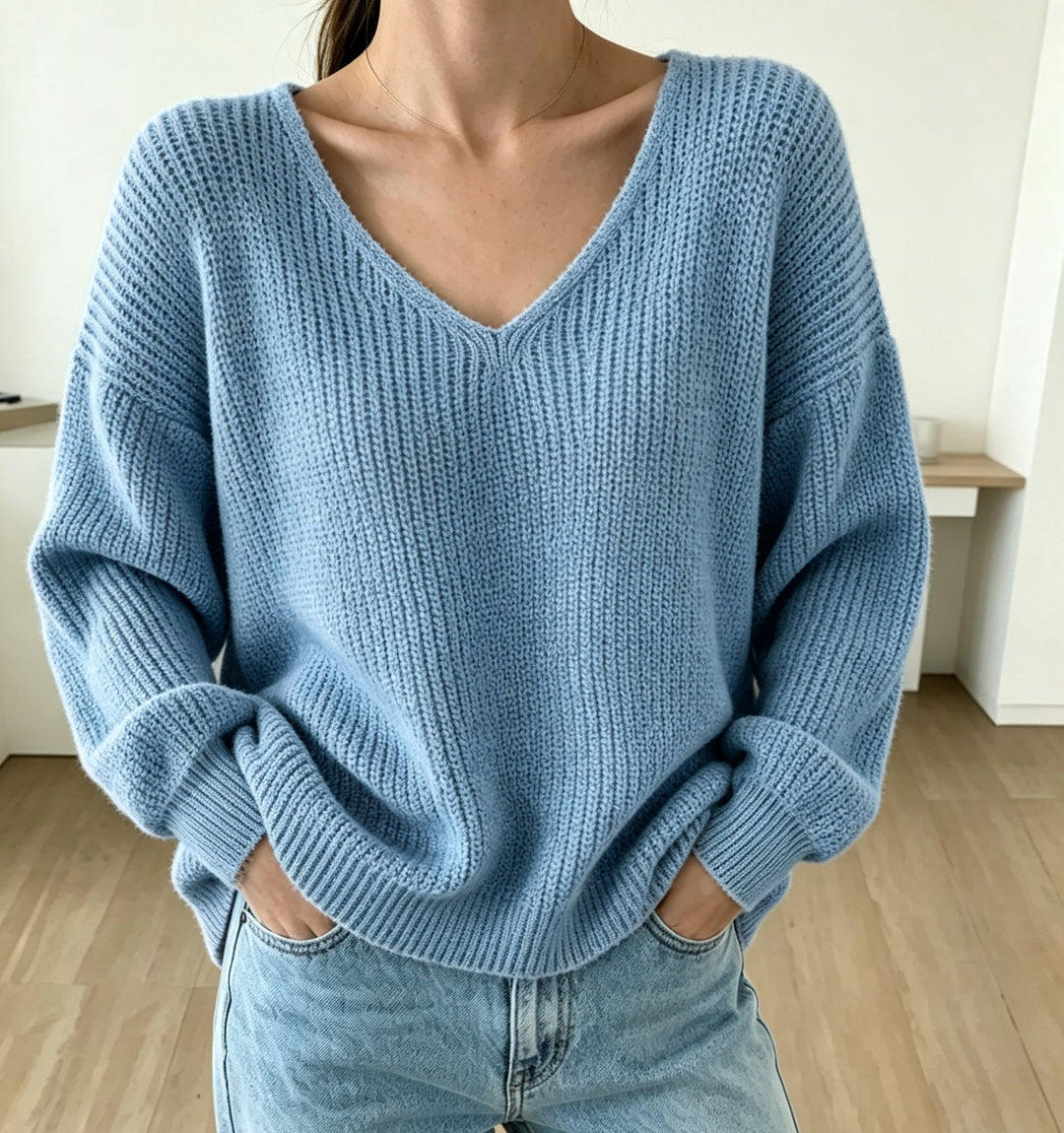Damen Lässiger Boxy-Grobstrickpullover mit V-Ausschnitt und gerippten Bündchen Drune