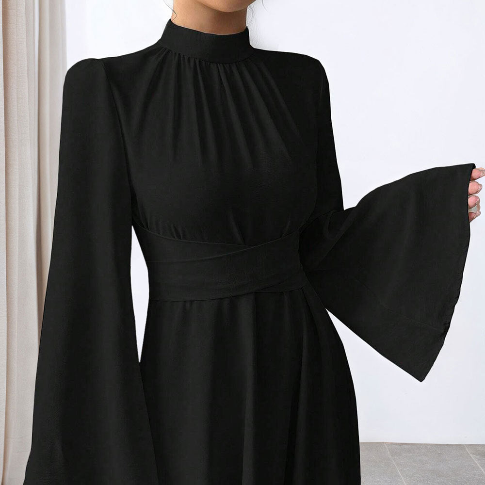 Damen elegantes Maxikleid mit Stehkragen, geraffter Taillenpartie und ausgestelltem A‑Linien‑Rock Drune