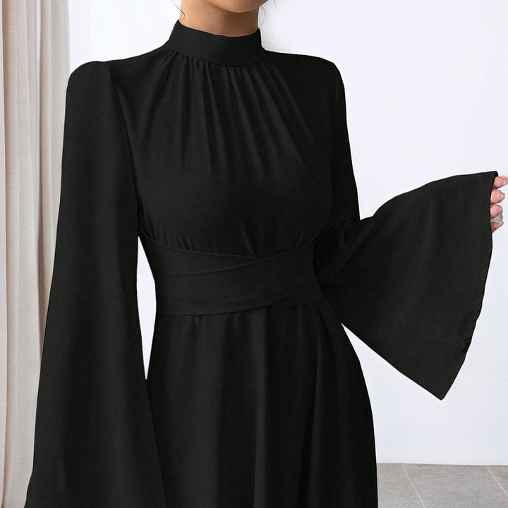 Damen elegantes Maxikleid mit Stehkragen, geraffter Taillenpartie und ausgestelltem A‑Linien‑Rock Drune