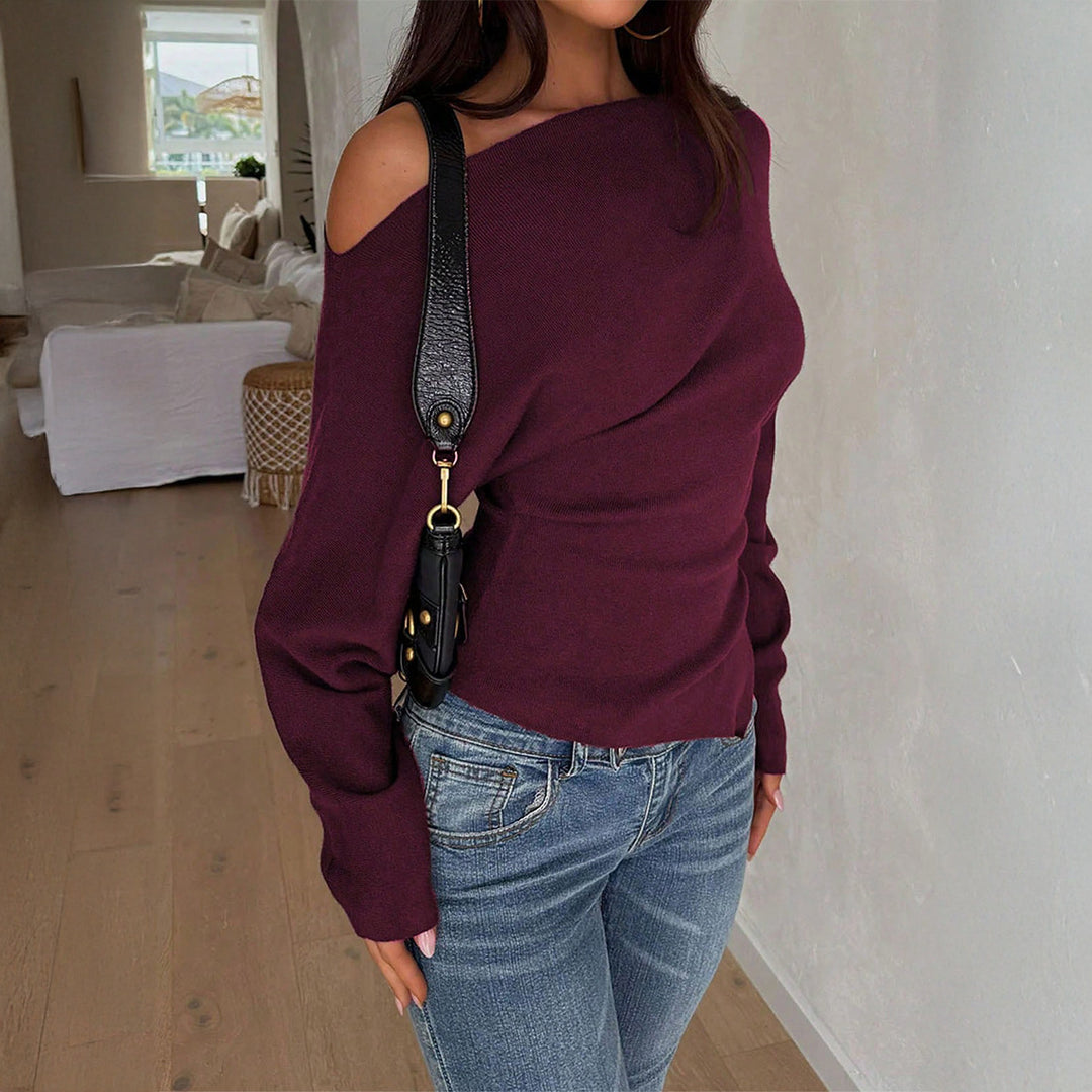 Damen nan schulterfreier Feinstrickpullover mit asymmetrischem Cut-Out, taillierter Passform und weiten Ärmeln Drune