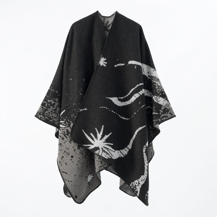 Damen Überschnittenes Jacquard‑Wickelcape aus feinem Strick mit asymmetrischem Saum Drune