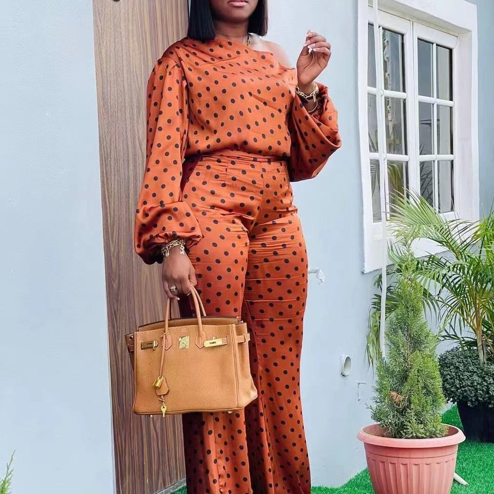 Damen Elegantes Zweiteiliges Polka Dot Set mit weitem Schnitt und langen Ärmeln Drune