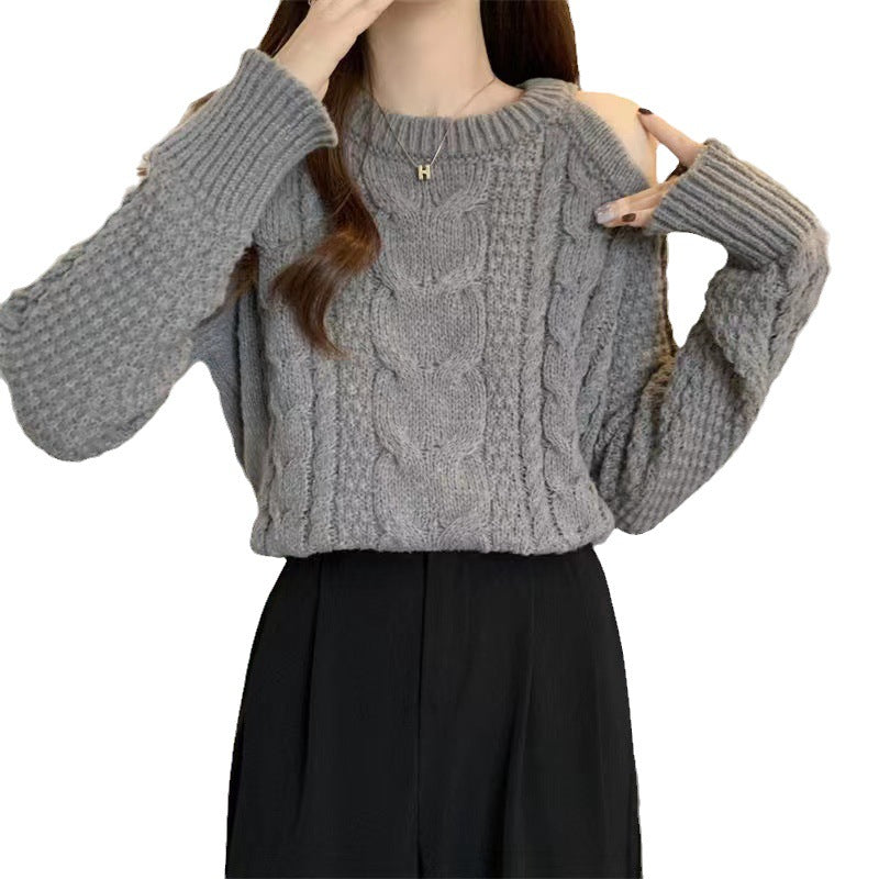 Damen Grobstrickpullover mit asymmetrischem Schulterdesign und Zopfmuster Drune
