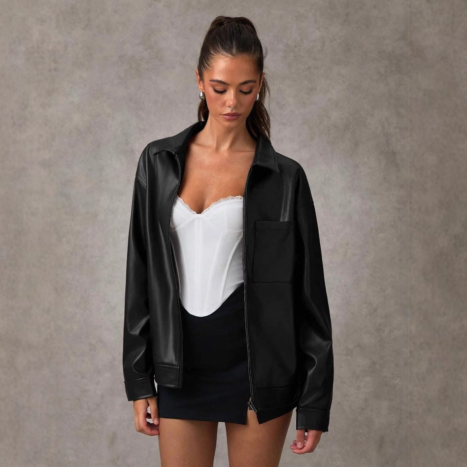 Damen Kunstlederjacke mit oversized Schnitt und praktischer Brusttasche Drune