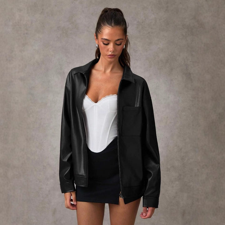 Damen Kunstlederjacke mit oversized Schnitt und praktischer Brusttasche Drune