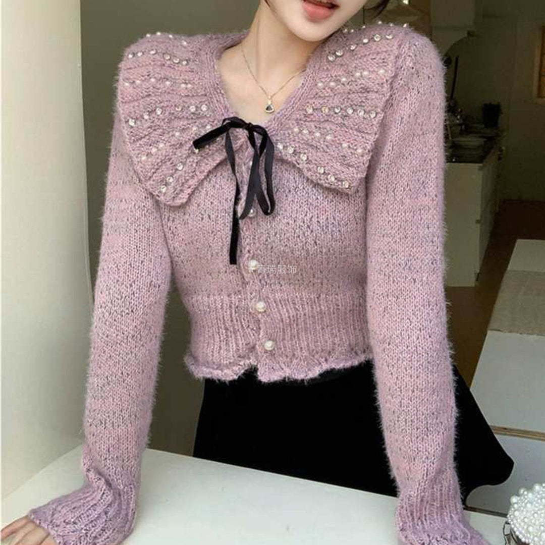 Damen Elegantes Strickoberteil mit Rüschenkragen und dekorativen Perlen Drune