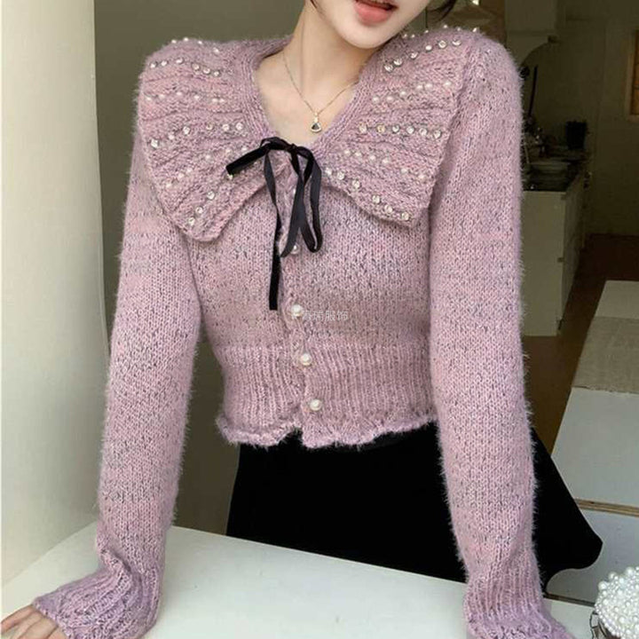 Damen Elegantes Strickoberteil mit Rüschenkragen und dekorativen Perlen Drune