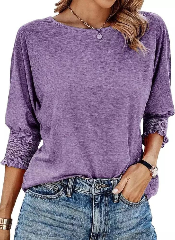Damen lässiges T-Shirt mit voluminösen Puffärmeln und elastischem Bund Drune