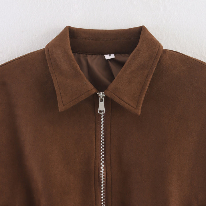 Damen modische cropped Jacke aus weichem Wildlederimitat mit praktischen Reißverschlusstaschen Drune