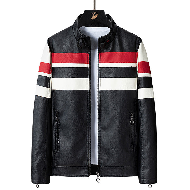 Herren Retro‑Racer Kunstlederblouson mit Stehkragen, kontrastierenden Streifen und Zwei‑Wege‑Reißverschluss Drune