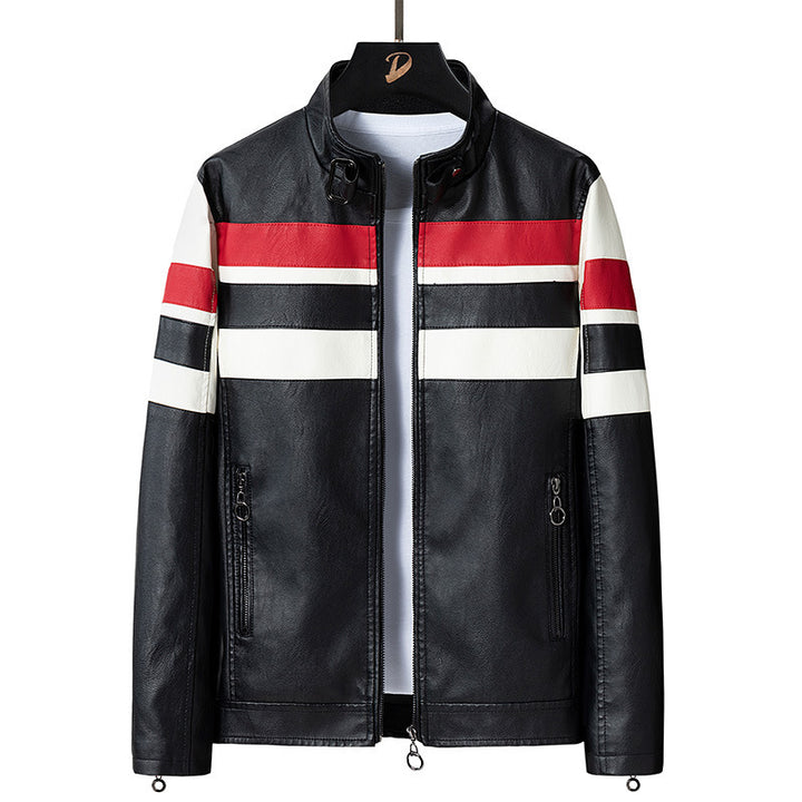 Herren Retro‑Racer Kunstlederblouson mit Stehkragen, kontrastierenden Streifen und Zwei‑Wege‑Reißverschluss Drune