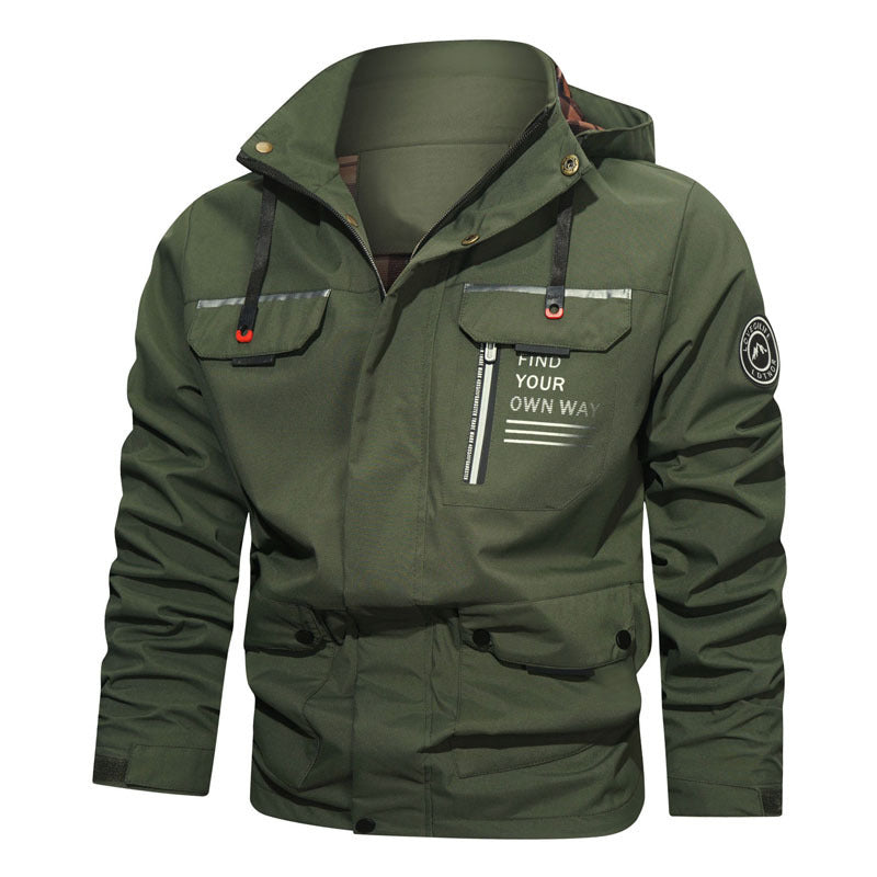 Herren wasserabweisende Kapuzen-Fieldjacke mit Brustreißverschluss und Multifunktions-Taschen Drune