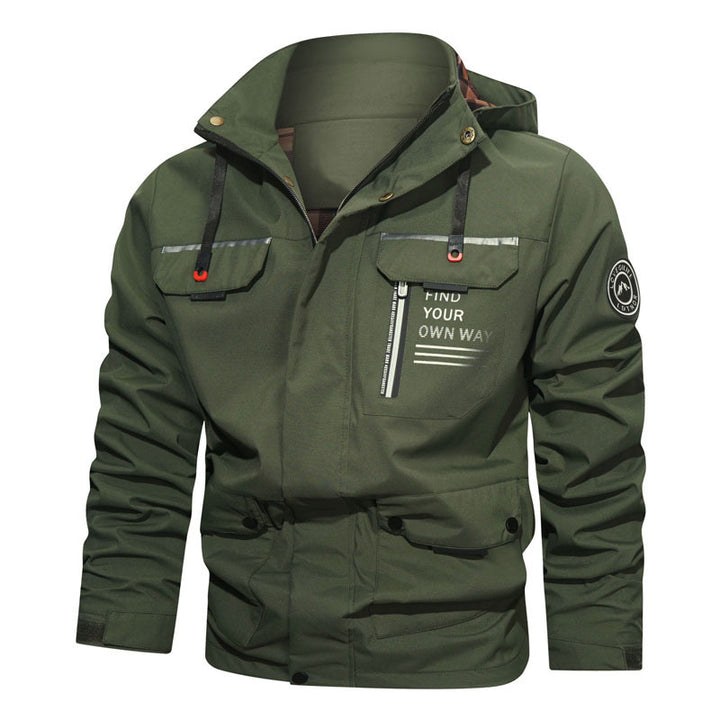 Herren wasserabweisende Kapuzen-Fieldjacke mit Brustreißverschluss und Multifunktions-Taschen Drune