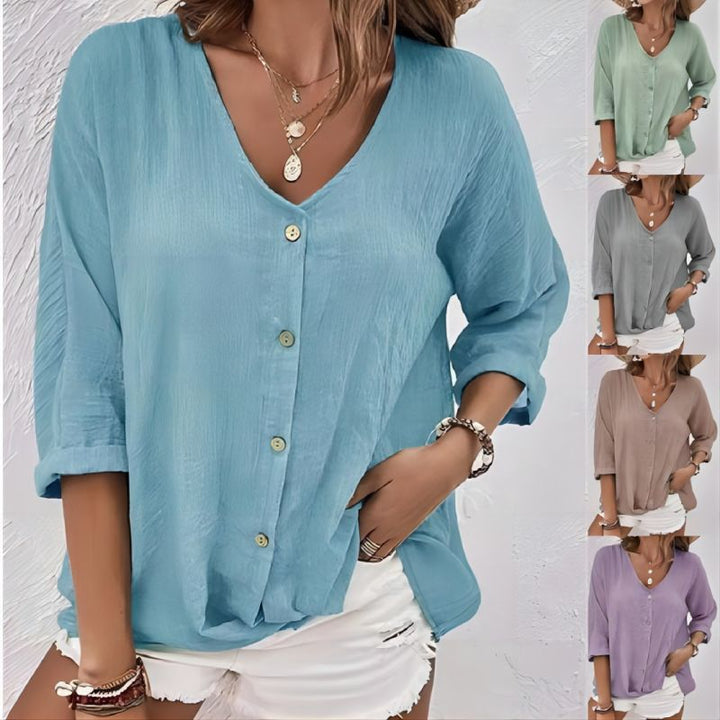 Damen lässige Bluse mit Knopfleiste und V-Ausschnitt Drune