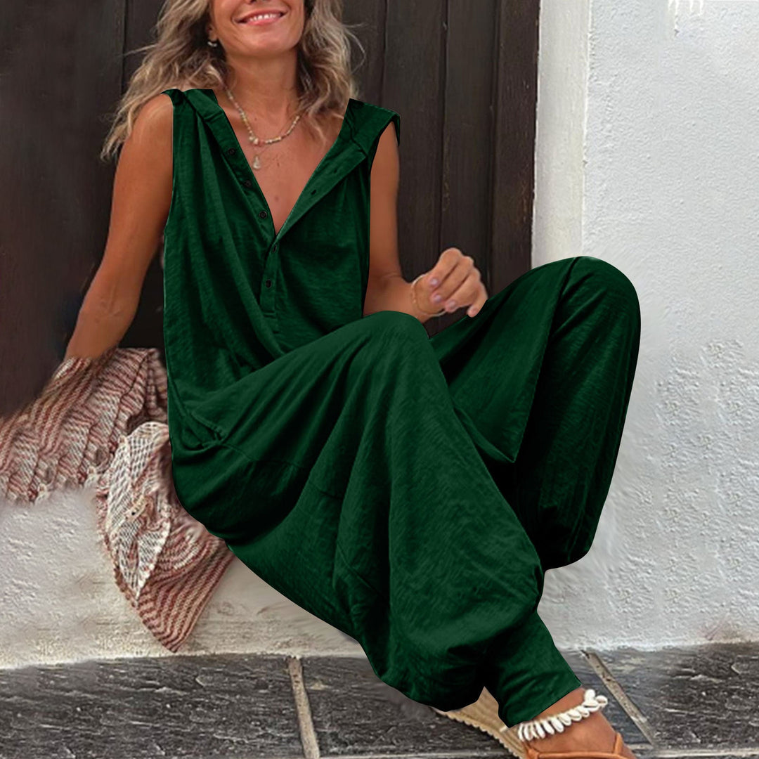 Damen Lässiger Jumpsuit mit Kapuze und Knopfverschluss Drune