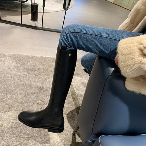 Damen kniehohe Chelsea-Stiefel aus Leder mit Elastikeinsatz Drune