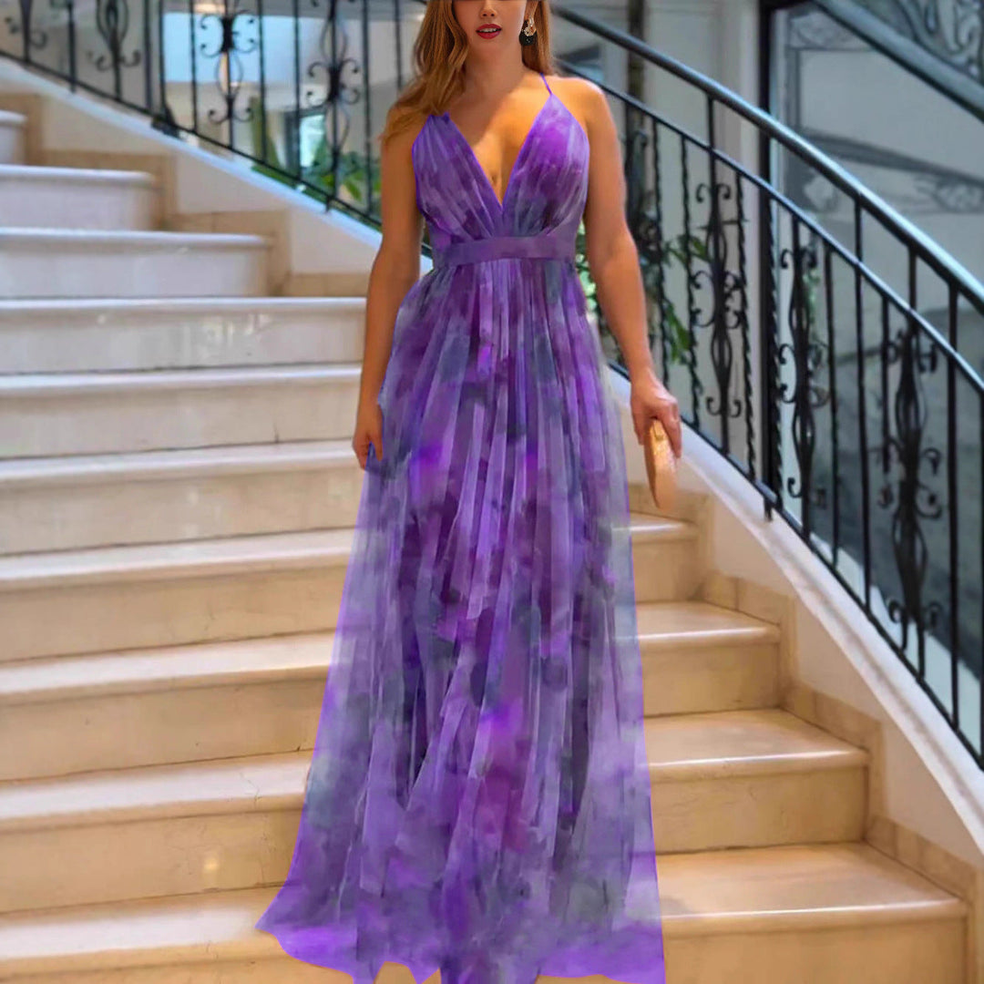 Damen Maxikleid mit tiefem V-Ausschnitt und fließendem Chiffon Drune