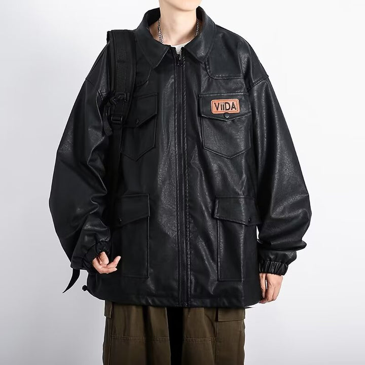 Unisex Oversized Utility Lederimitat Jacke mit Mehreren Klappentaschen Drune