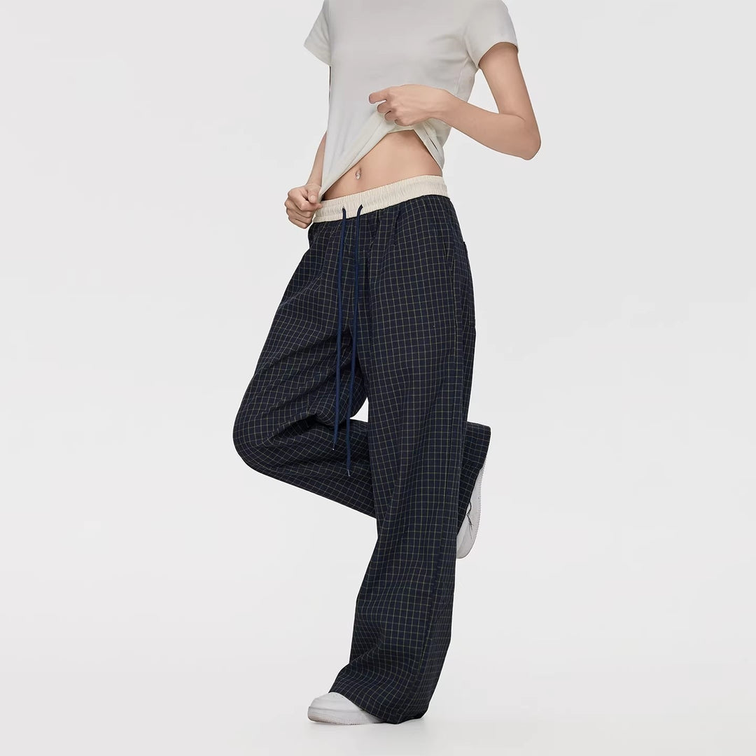 Damen Weite Relaxed-Loungehose mit Tunnelzugbund, Karo-Check & Eingrifftaschen Drune