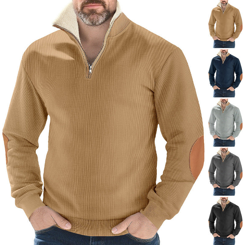 Herren nan Strukturstrick-Halbzipppullover mit wärmendem Sherpa-Kragen und Velours-Ellenbogenapplikation Drune