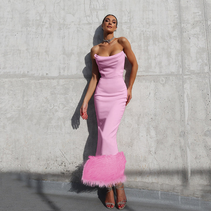 Damen Elegantes Midi-Kleid mit verführerischem Federbesatz Drune