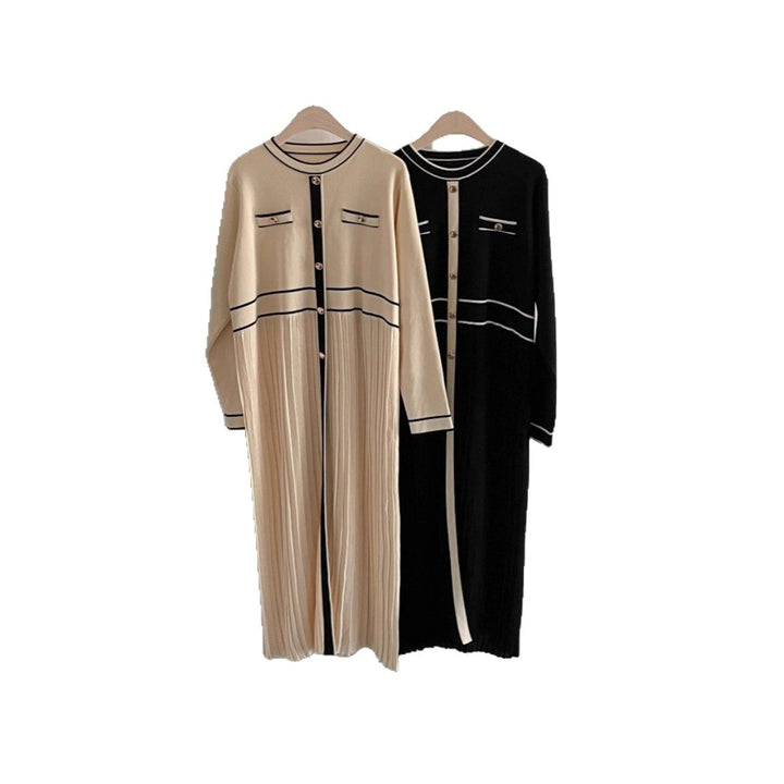 Damen Elegantes Longstrickkleid mit Kontrastpaspel, dekorativer Knopfleiste und plissiertem Rock Drune