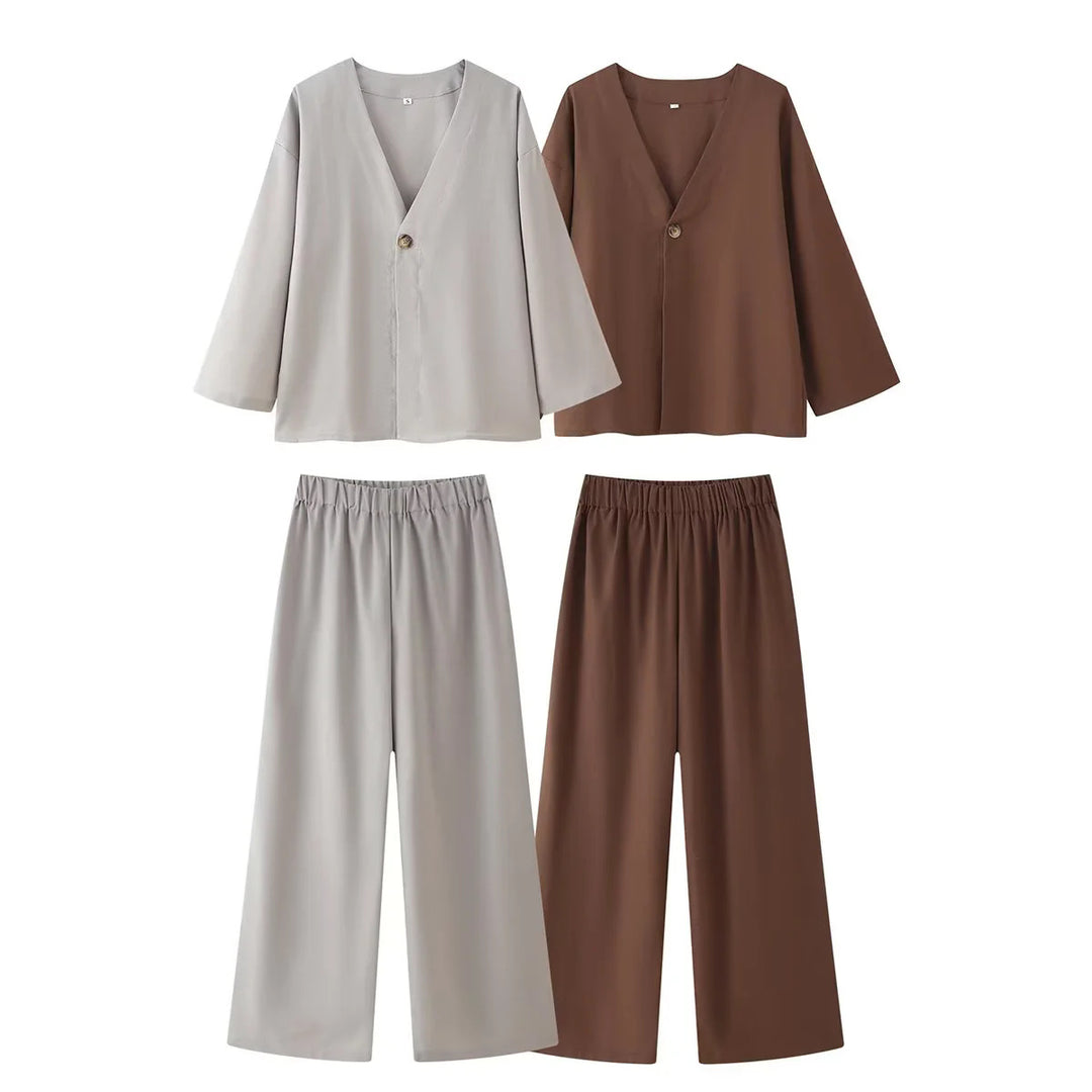 Damen nan lässiges Zweiteiler-Set mit V‑Ausschnitt Bluse und weitem Bundhose Drune