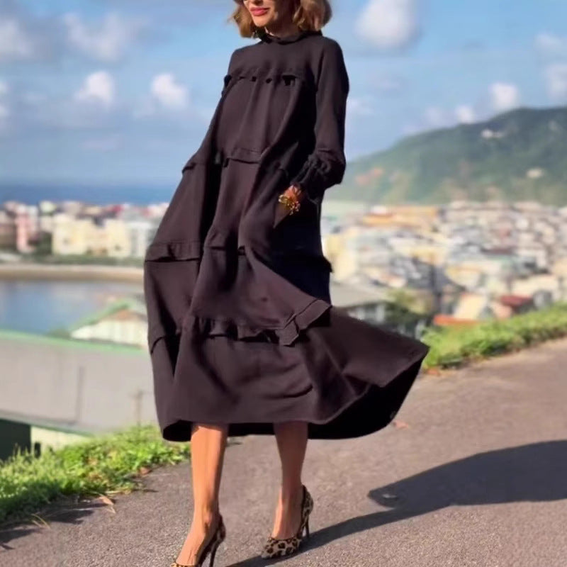 Damen nan kastiges Stufenmidikleid mit Rüschenkragen, gerafften Manschetten und verdeckten Seitentaschen Drune