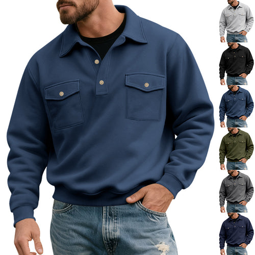 Herren nan Brustklappen-Polo-Sweatshirt mit Halbknopfleiste, zwei Brusttaschen und geripptem Saum Drune
