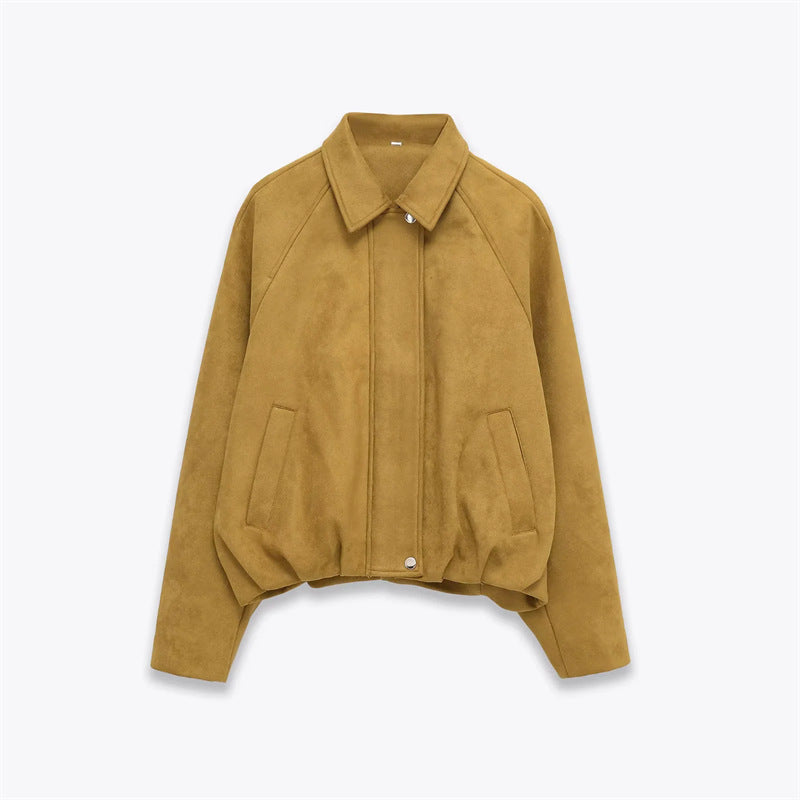 Damen nan cropped Wildlederoptik Bomberjacke mit verdecktem Reißverschluss und tailliertem Gummizugsaum Drune