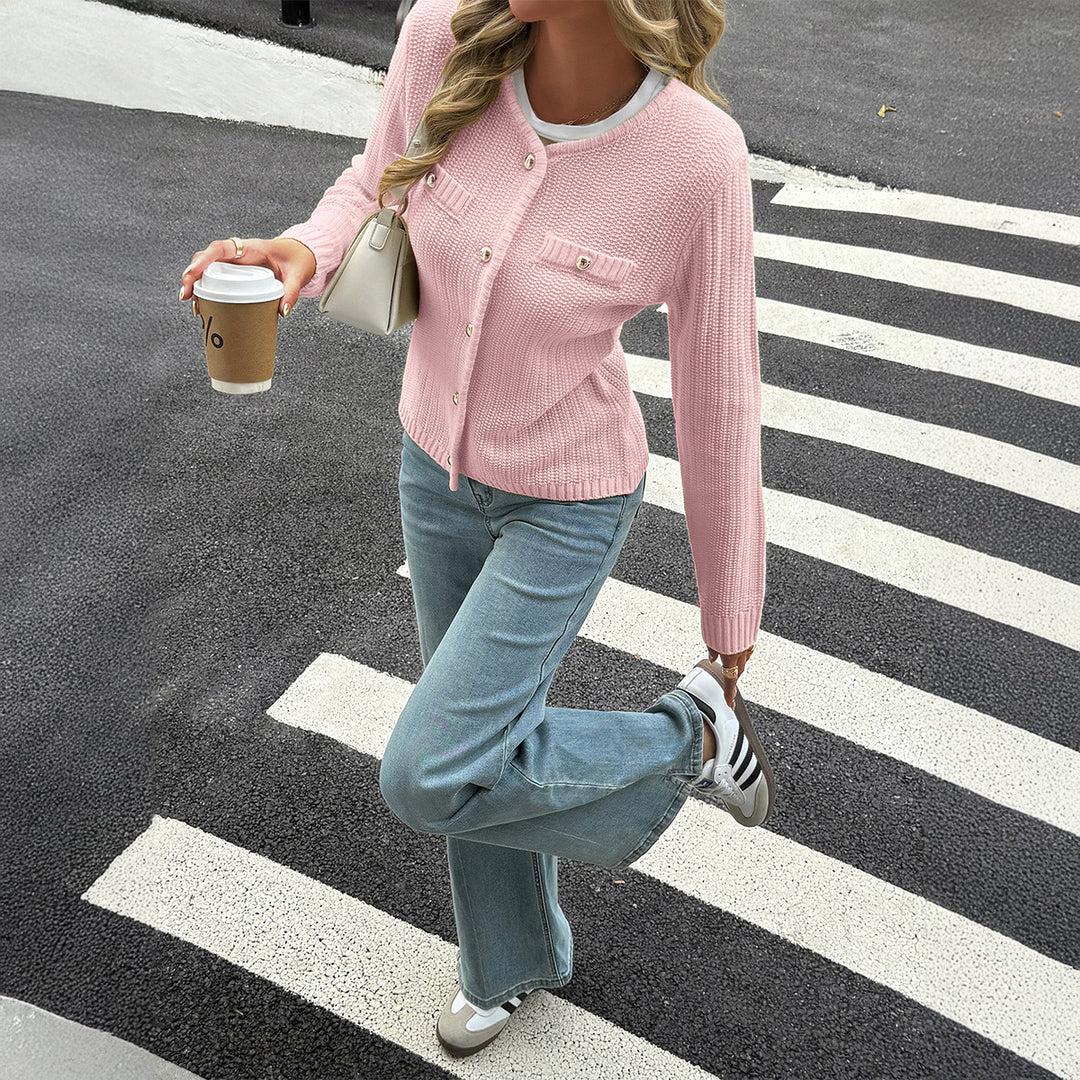 Damen nan Feiner Strickcardigan mit schimmernden Zierknöpfen, geripptem Saum und Brusttaschenoptik Drune