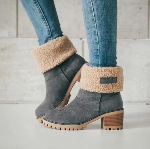 Damen elegante Winter-Stiefeletten mit wolligem Kragen Drune