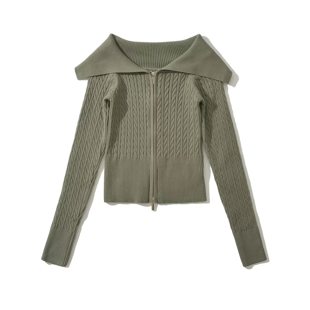 Damen modische Strickjacke mit weitem Kragen und Reißverschluss Drune