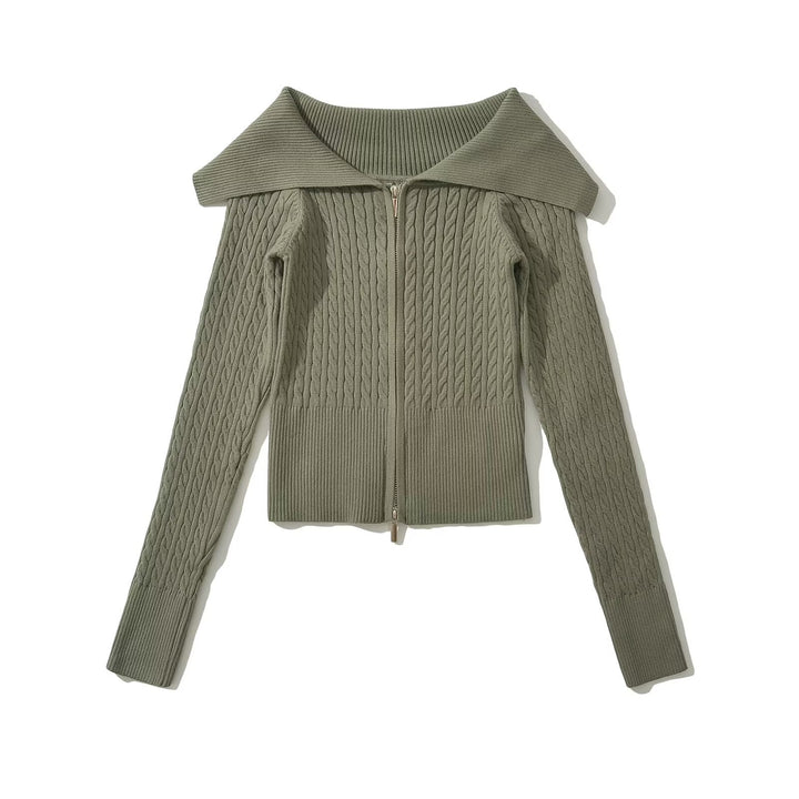 Damen modische Strickjacke mit weitem Kragen und Reißverschluss Drune