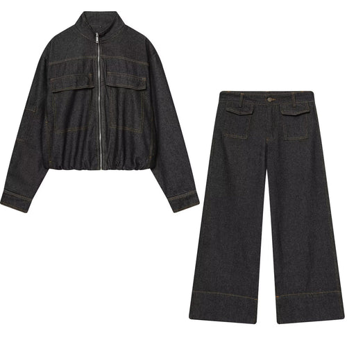 Damen Zweiteiliges Denim-Set mit Cropped-Zipjacke und weiter Highwaist-Jeans Drune